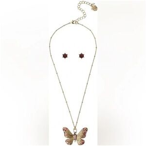 Betsey Johnson Butterfly Pendant Necklace & Stone Earrings Set NIB